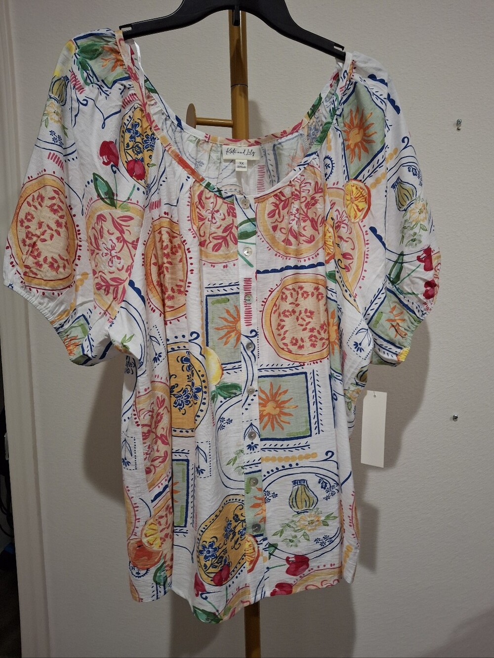 Kate And Lily White Multicolor Printed Women’s Peasant Top 3X Button Down NWT